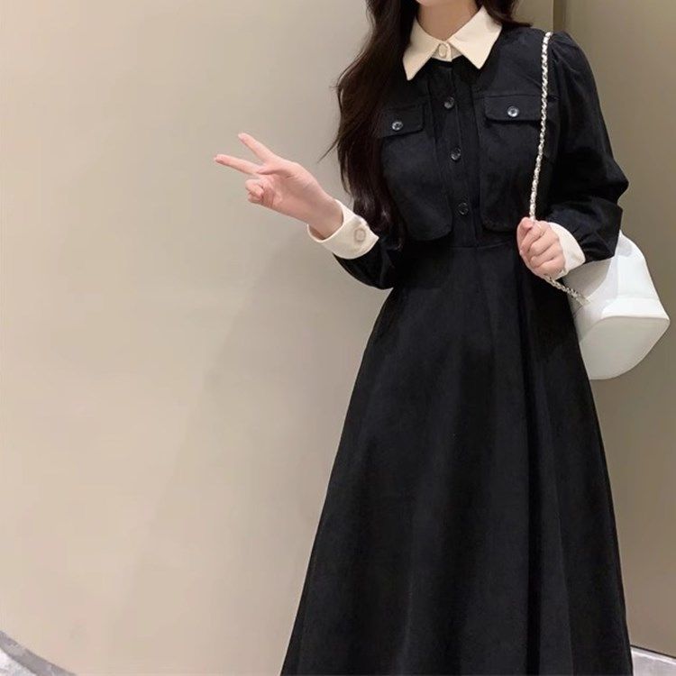 春秋季大碼裙新款黑色顯瘦藏肉連衣裙女春秋裝內搭假兩件收腰長裙