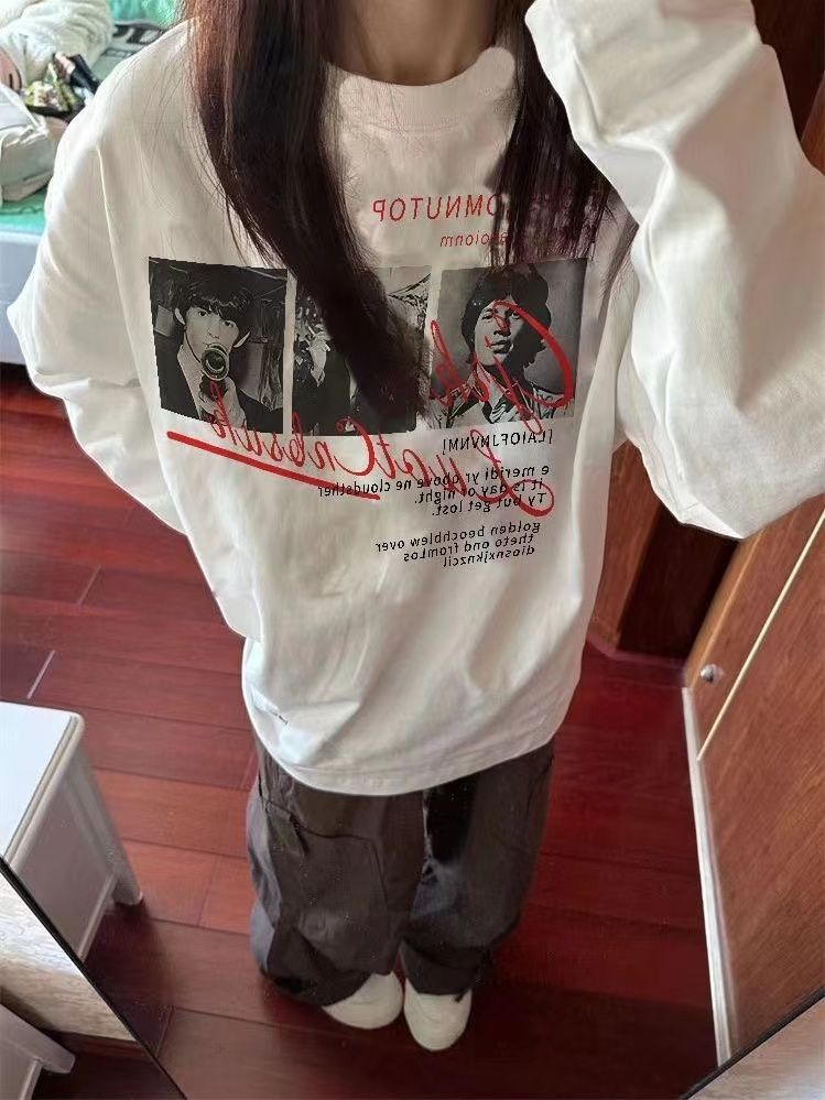 100%純棉美式復古白色長袖T恤女春秋季2023新款圓領上衣ins潮