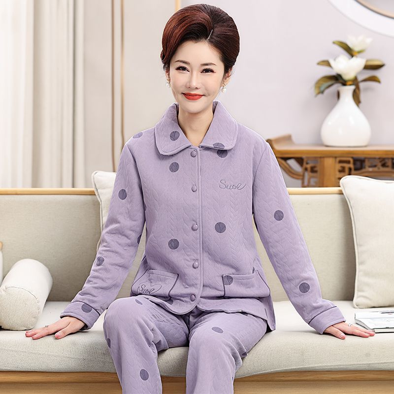 High-end cotton pajamas for women in autumn and winter pure cotton thickened three-layer warm plus cotton air cotton sandwich middle-aged mother quilted