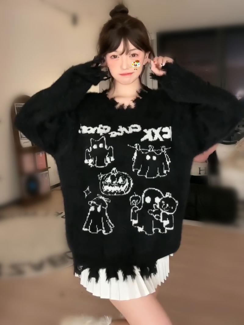 歐貨萬聖可愛鬼時尚毛衣女秋冬不規則下擺寬鬆顯瘦長袖針織上衣潮