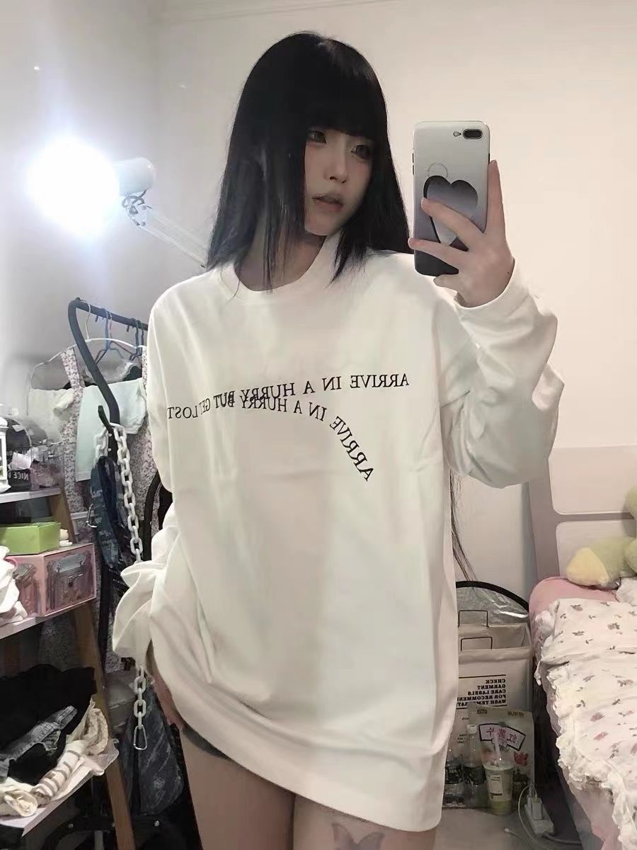 100%純棉字母印花長袖t恤女歐美潮牌高街寬鬆情侶裝上衣打底衫