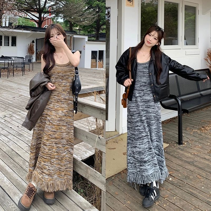 大碼法式復古條紋吊帶連衣裙女秋裝套裝裙子胖mm遮肚顯瘦流蘇長裙