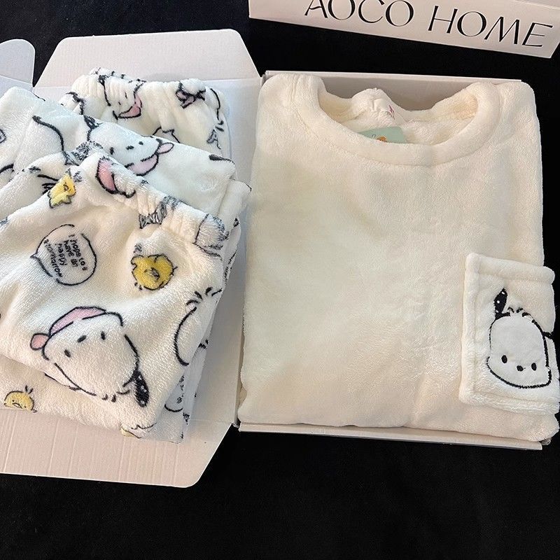 珊瑚絨睡衣女冬季加厚加絨可愛卡通秋冬款寬鬆休閒套頭家居服套裝