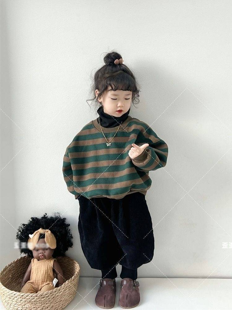 韩版儿童复古森系条纹圆领长袖加绒卫衣男女童加厚束脚裤两件套装