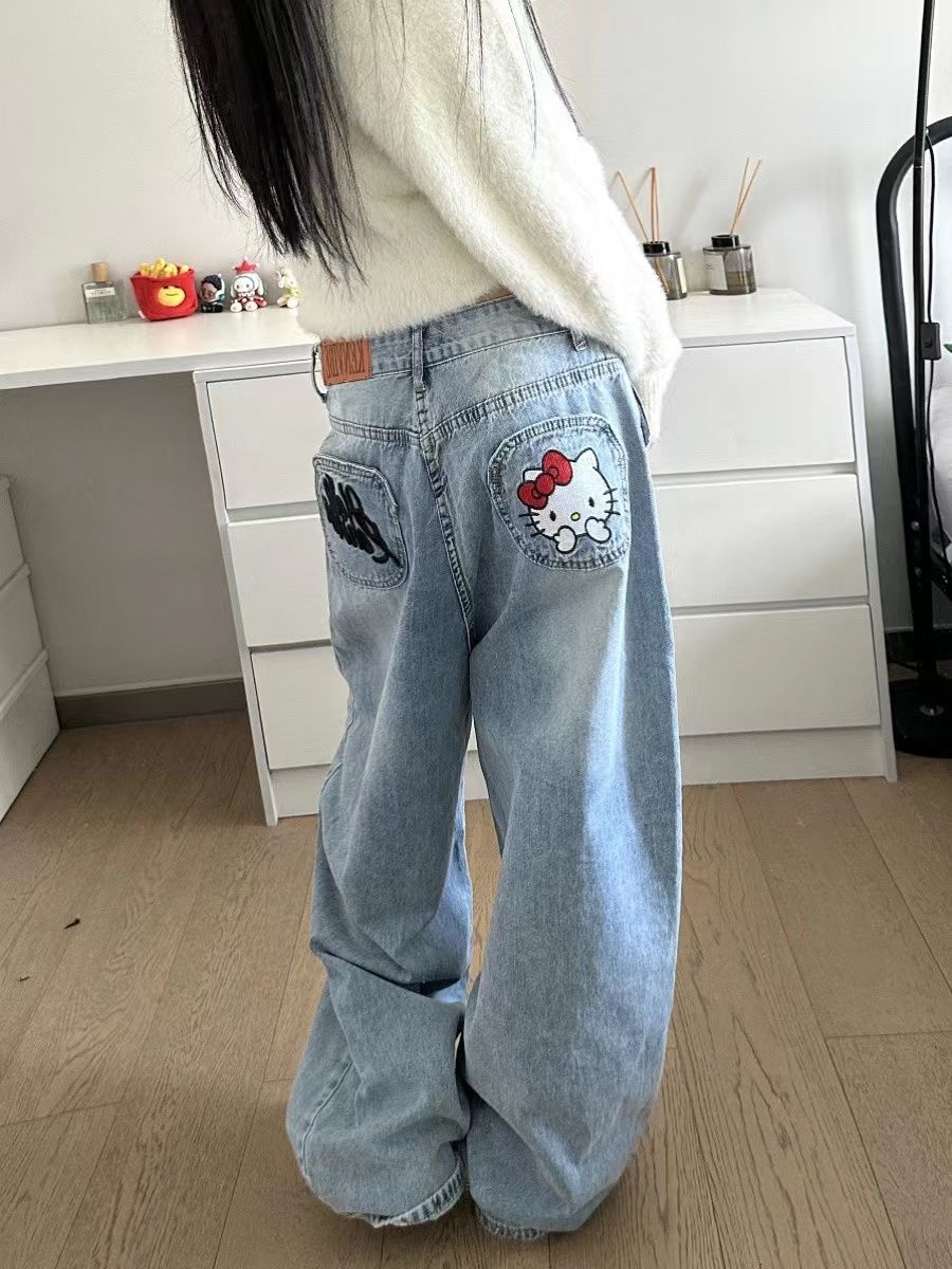 美式vibe凱蒂貓重工刺繡設計闊腿牛仔褲女秋冬高腰寬鬆顯瘦直筒褲