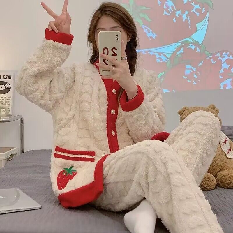 法蘭絨家居服女2023年春秋冬季新款卡通保暖網紅風珊瑚絨睡衣套裝
