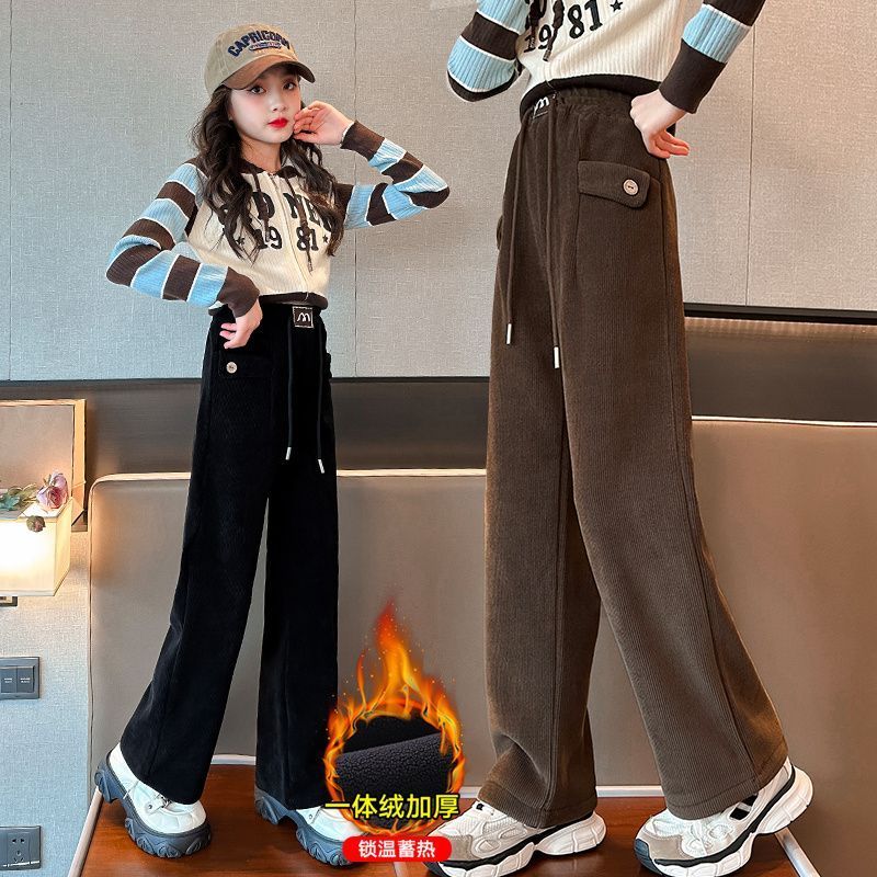 女童褲子秋冬加絨外穿2023新款洋氣一體絨加厚休閒兒童冬季闊腿褲