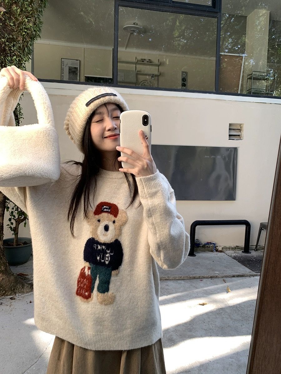 MINETT秋冬季新款韓版毛衣女寬鬆可愛圓領針織慵懶風小熊針織上衣
