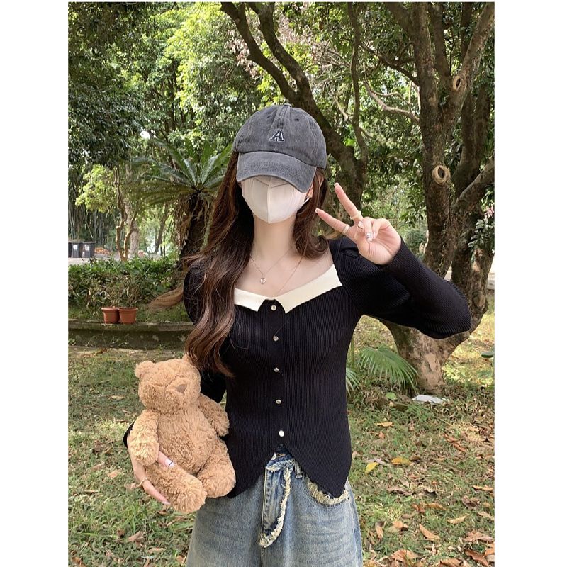 拼色方領開叉修身顯瘦打底衫女秋季純欲風短款休閒長袖針織衫上衣