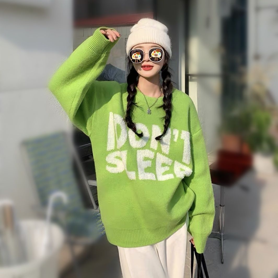 2023秋冬季日系減齡字母刺繡外穿網紅毛衣女寬鬆慵懶風長袖針織衫