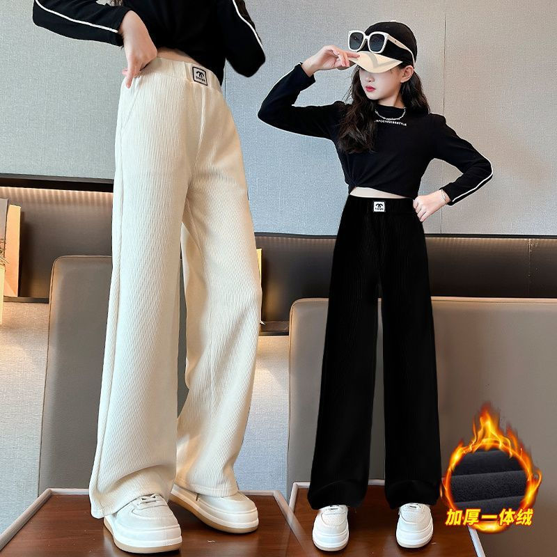 女童加絨褲子秋冬2023新款洋氣外穿大童冬季一體絨加厚兒童闊腿褲