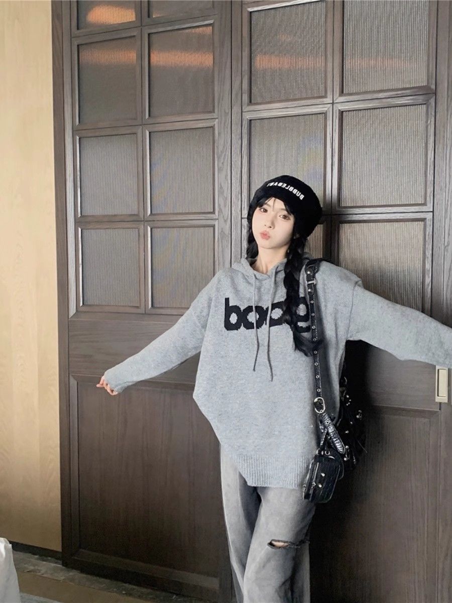韓系灰色軟糯慵懶風寬鬆連帽毛衣女秋冬新款復古休閒套頭針織上衣
