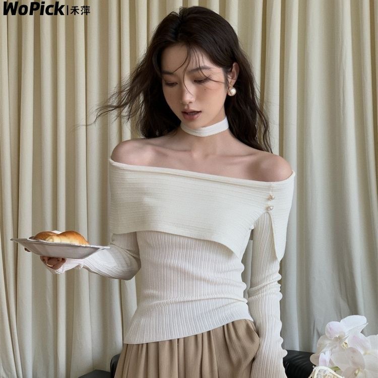 2023秋冬新款韓版設計感小眾一字肩翻領針織衫純欲開叉顯瘦上衣女