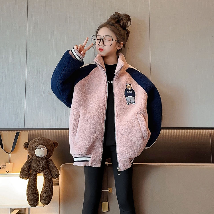 Girls' coats, autumn and winter clothing, fashionable 2023 new children's clothing, fashionable winter plus velvet and thickened lamb fleece sweaters