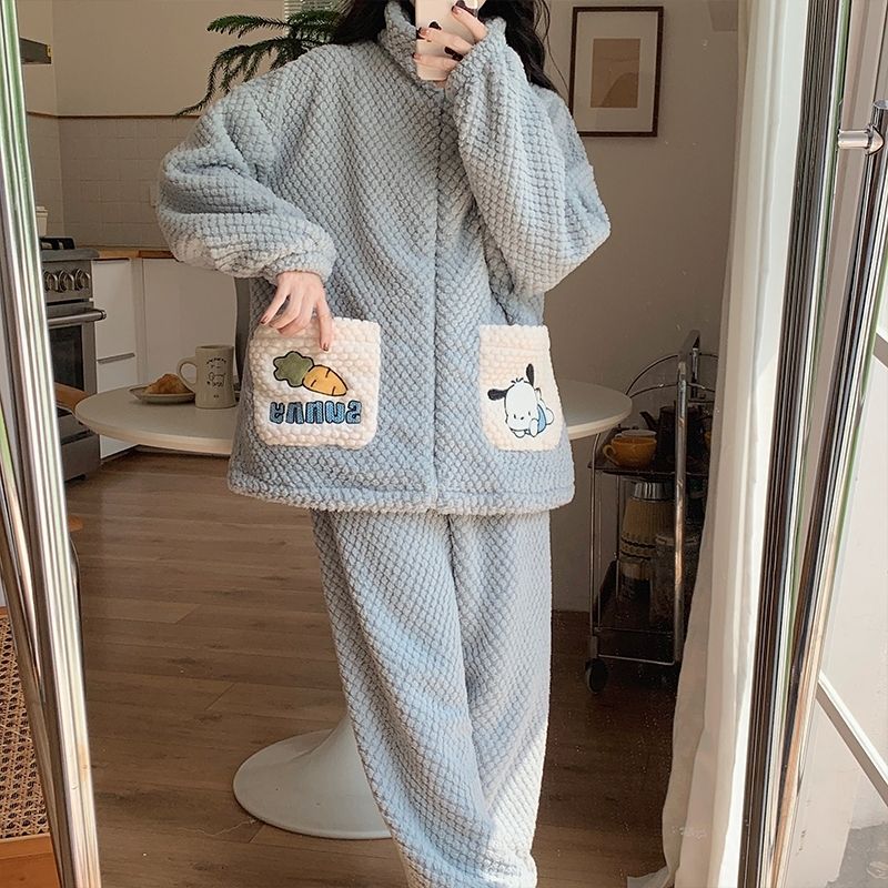 ins可愛卡通新款珊瑚絨睡衣女秋冬加絨加厚保暖可外穿家居服套裝