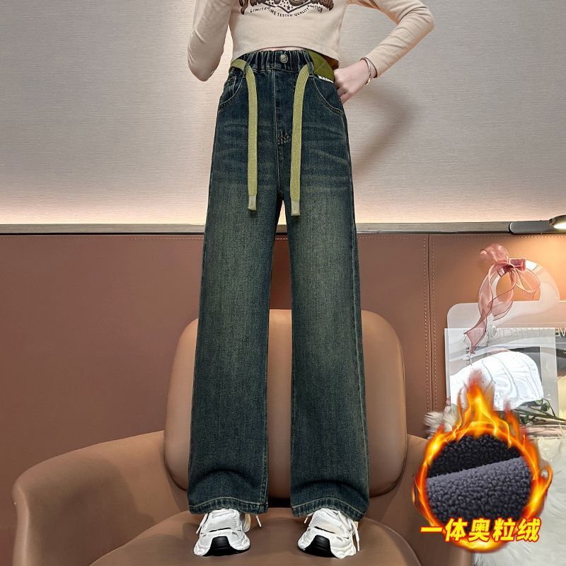 女童牛仔褲秋冬款2023新款中大童加絨加厚直筒褲子兒童寬鬆闊腿褲