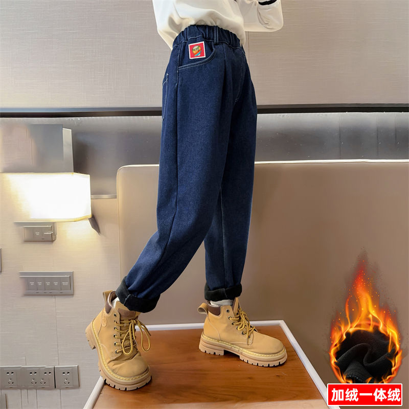 女童加絨牛仔褲2023冬裝新款中大童加厚洋氣老爹褲兒童一體絨褲子