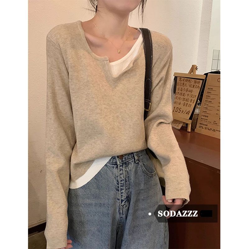 SODAZZZ假兩件女秋冬季外穿設計感小眾韓系溫柔風撞色氣質打底衣
