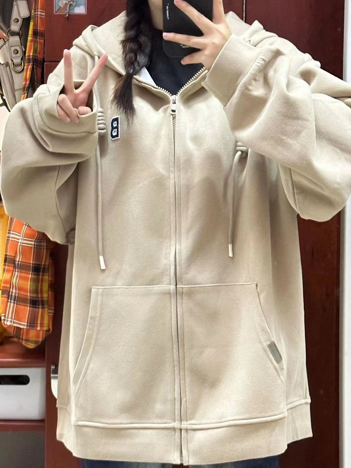 韓系慵懶風奶茶色連帽衛衣oversize寬鬆顯瘦垂墜感小個子拉鏈外套