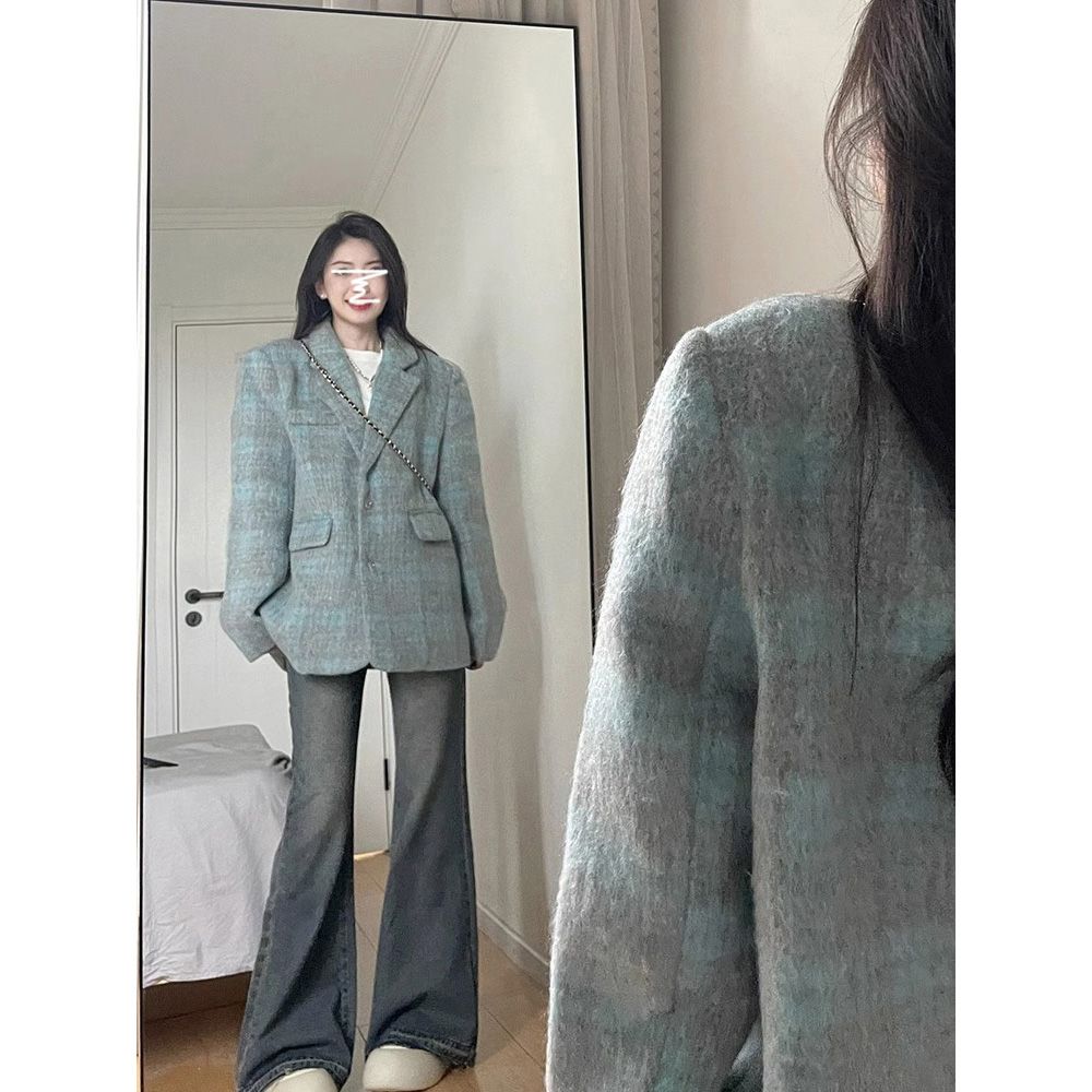 Retro plaid long-sleeved woolen jacket for women in autumn and winter new style loose slimming temperament trendy brand high-end suit top