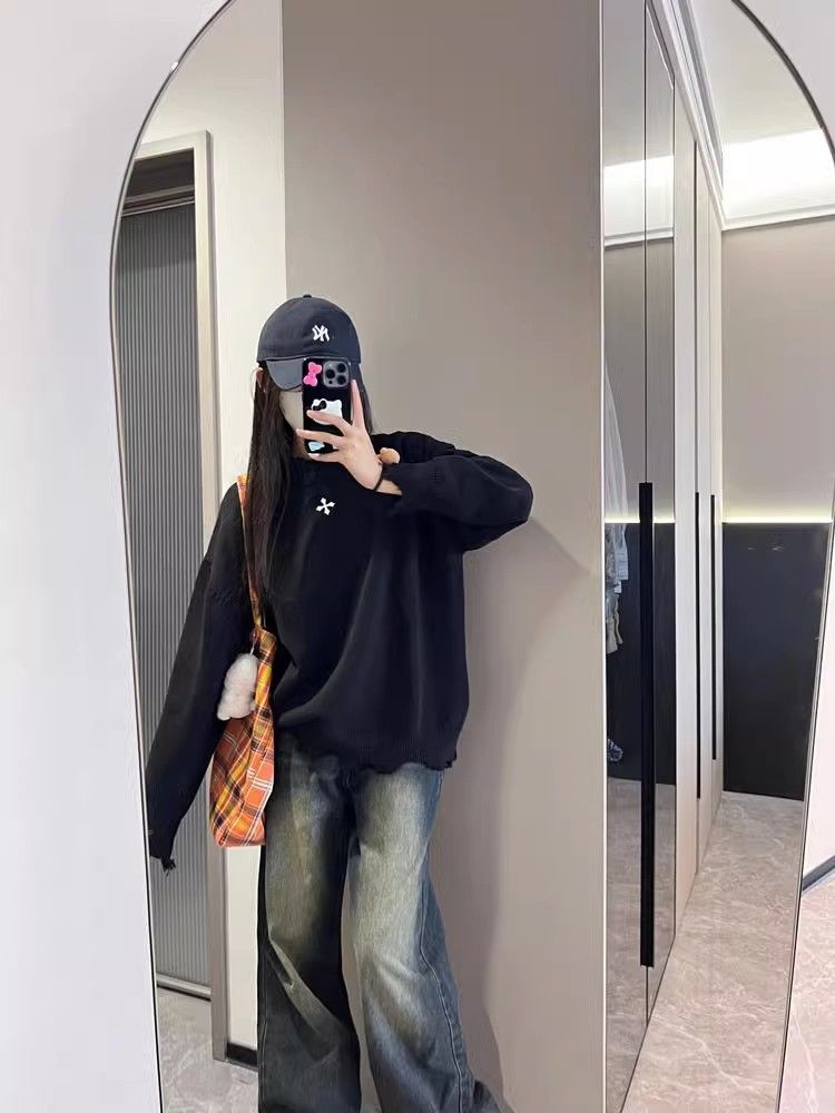 美式高街破壞毛衣女秋冬2023新款寬鬆慵懶風情侶裝套頭針織衫上衣