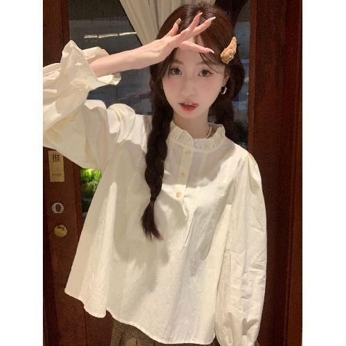 Designed stand-up collar white shirt women's long-sleeved autumn  new loose shirt sweet niche French top