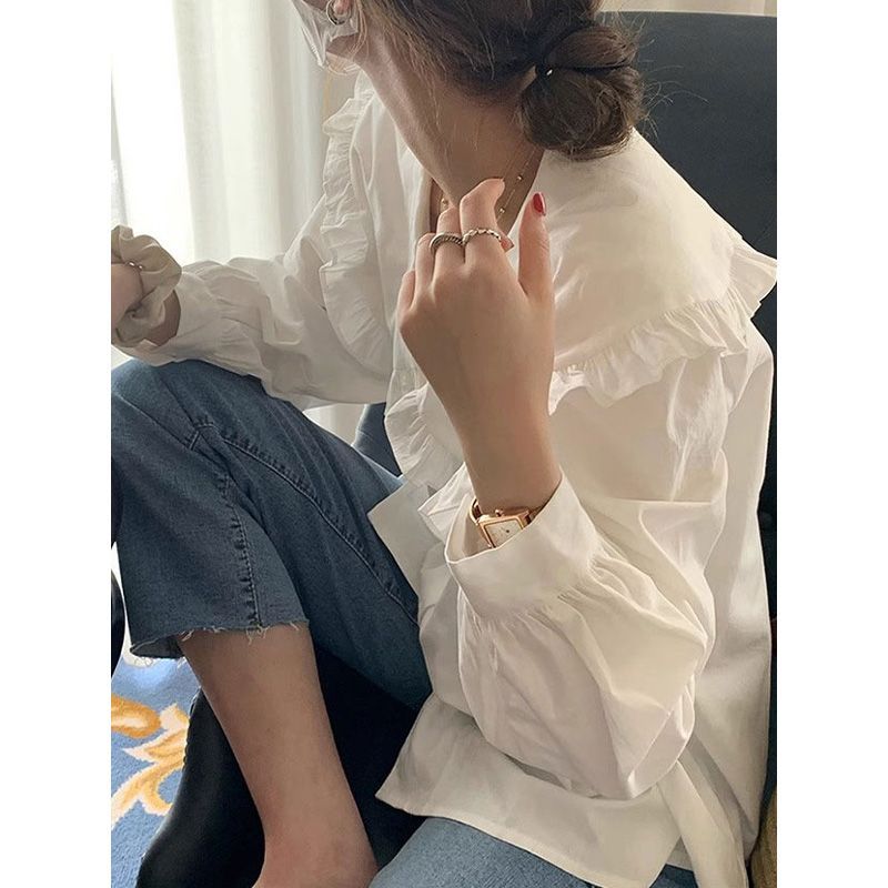 復古娃娃領襯衫女春秋設計感壓褶韓版減齡長袖甜美內搭白色上衣女