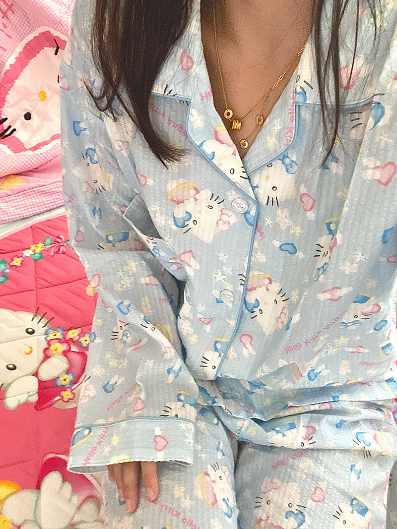 hellokitty睡衣女春秋季新款可愛卡通條紋長袖學生秋天居家服套裝