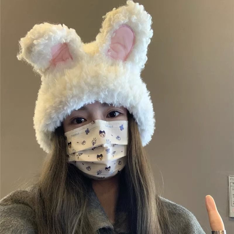 Korean cute plush bunny ears hat for women autumn and winter warm knitted hat ear protection face small cold hat baotou hat trendy