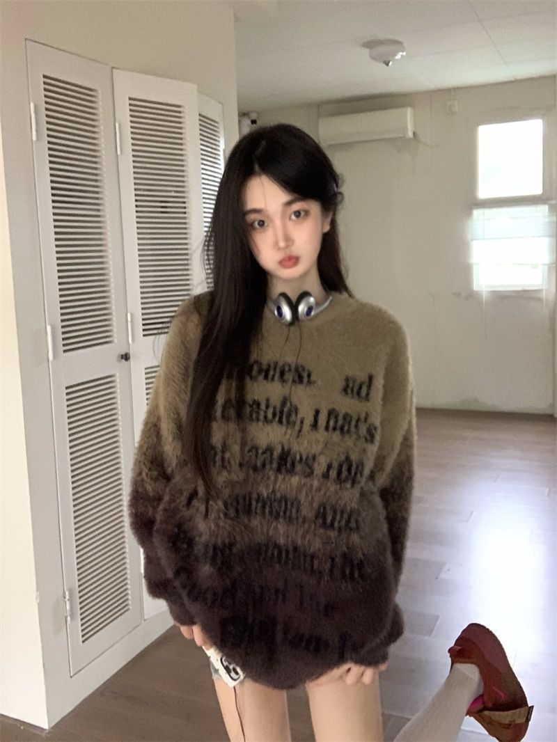 PROMONE美式復古字母毛衣女秋季慵懶風毛衣寬鬆長袖針織衫上衣