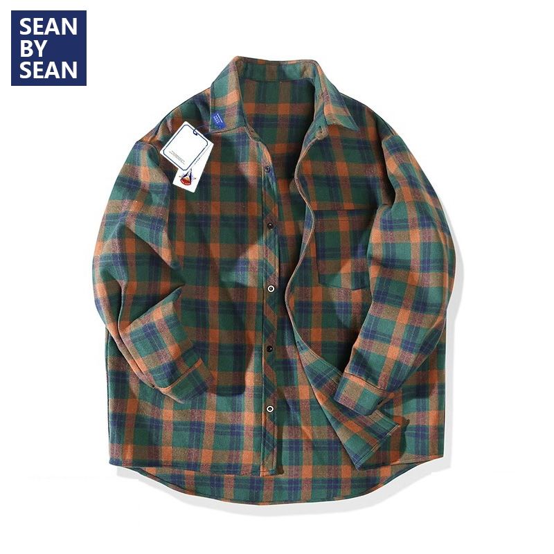 SEANBYSEAN復古格子襯衫男秋季新款韓版潮流寬鬆休閒ins襯衣外套