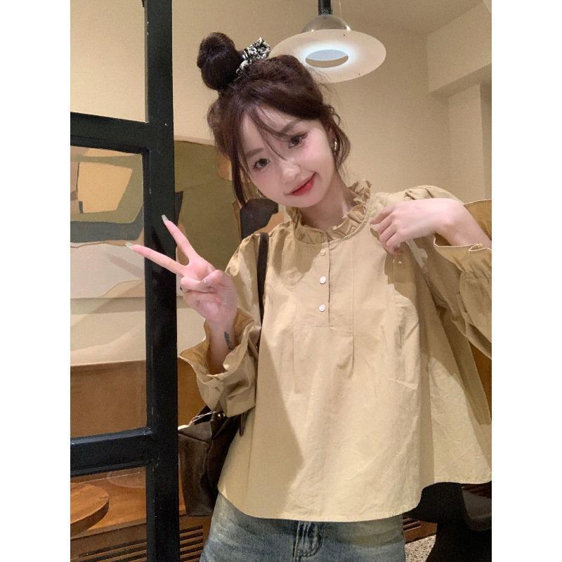 Designed stand-up collar white shirt women's long-sleeved autumn  new loose shirt sweet niche French top