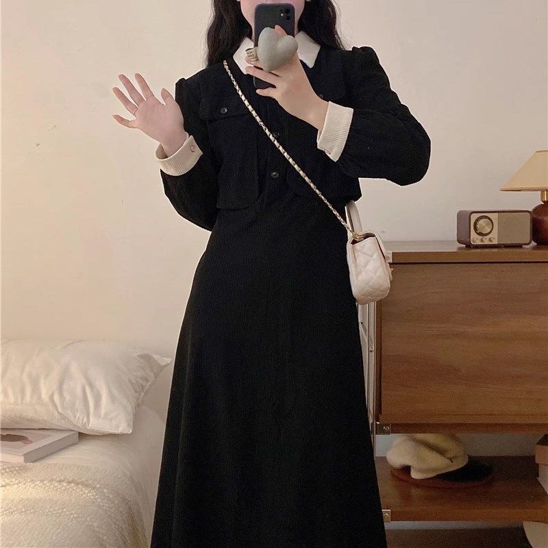 高級感黑色連衣裙大碼早秋女裝新款氣質茶歇法式赫本風假兩件長裙
