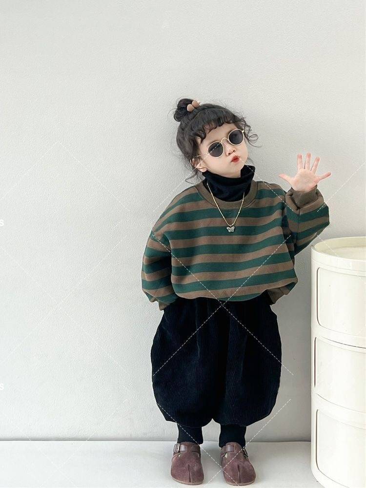Korean style children's retro forest-style striped round neck long-sleeved velvet sweatshirt for boys and girls thickened leggings two-piece suit