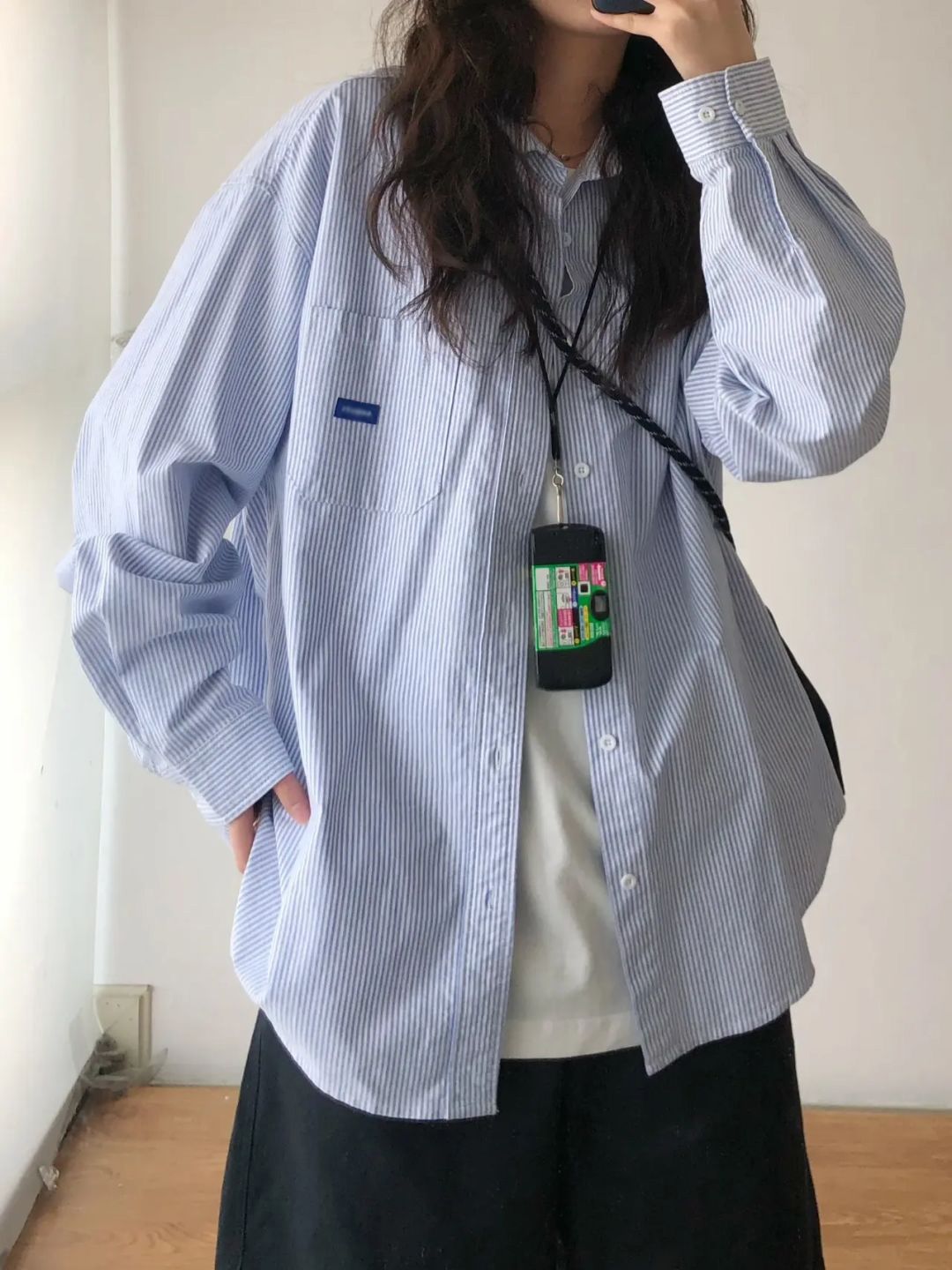 藍色襯衫薄款小清新紐扣秋裝紐扣長袖休閒穿搭寬鬆時尚襯衣上衣潮