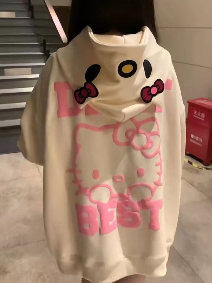秋冬小眾設計感韓版甜美杏色百搭連帽拉鏈外套衛衣寬鬆休閒上衣女