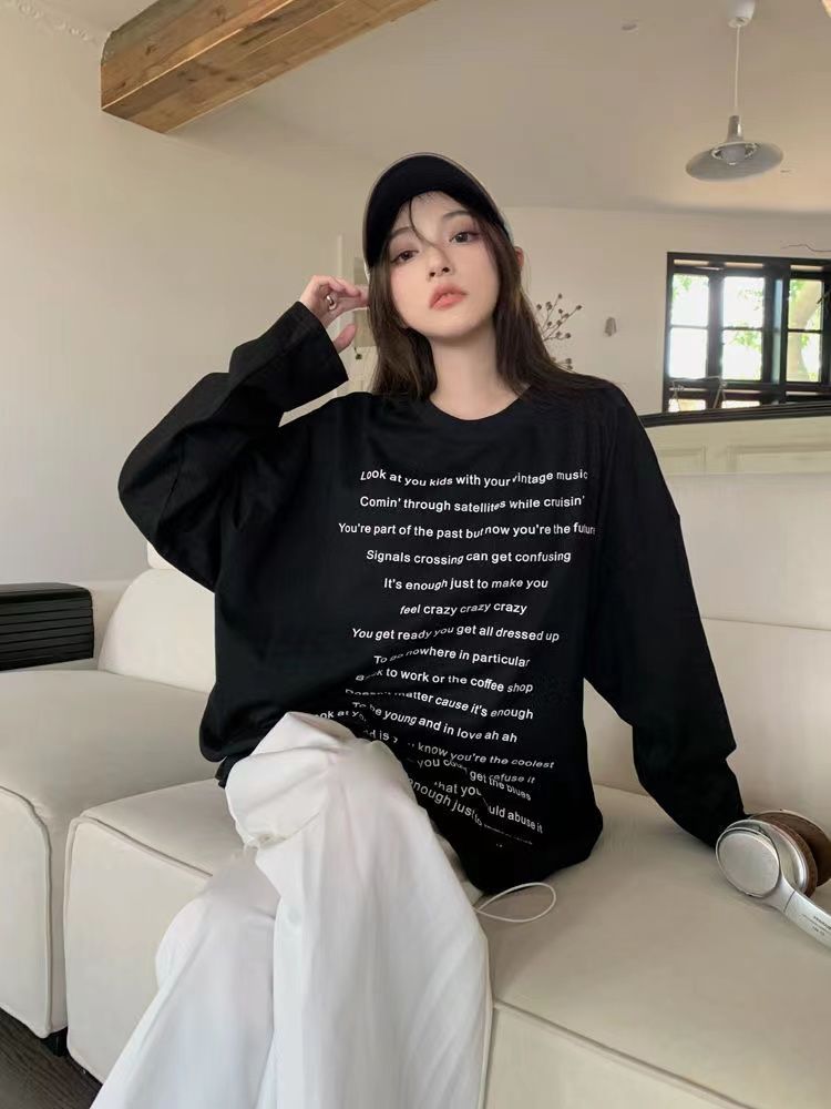 100%純棉美式復古寬鬆黑色長袖t恤女春秋季薄款上衣設計感打底衫