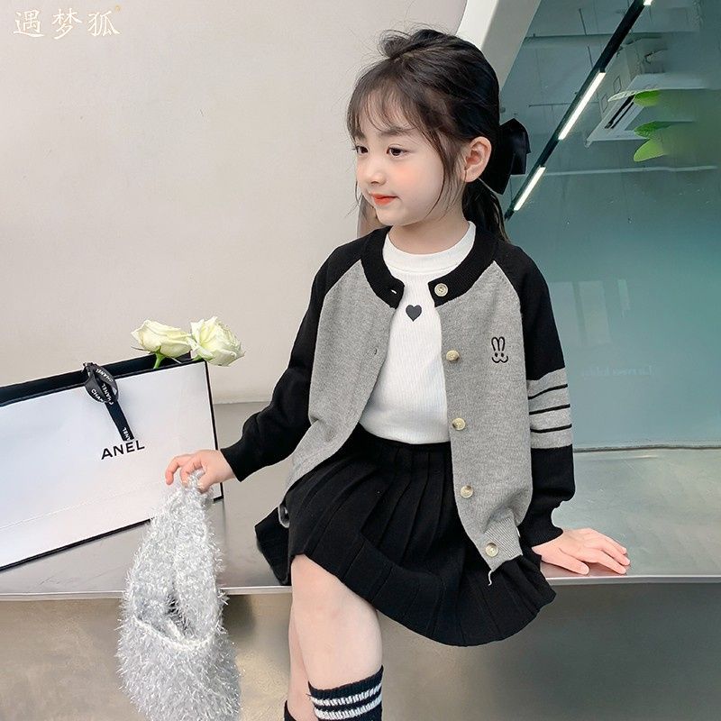 韩版女童学院风中小童新款秋冬甜美洋气儿童宝宝针织开衫拼色上衣