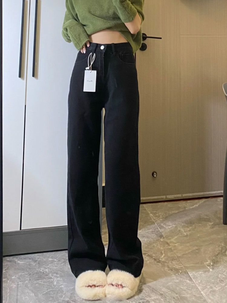 黑色高腰闊腿牛仔褲女2023秋冬新款寬鬆垂感窄版修身直筒拖地褲子