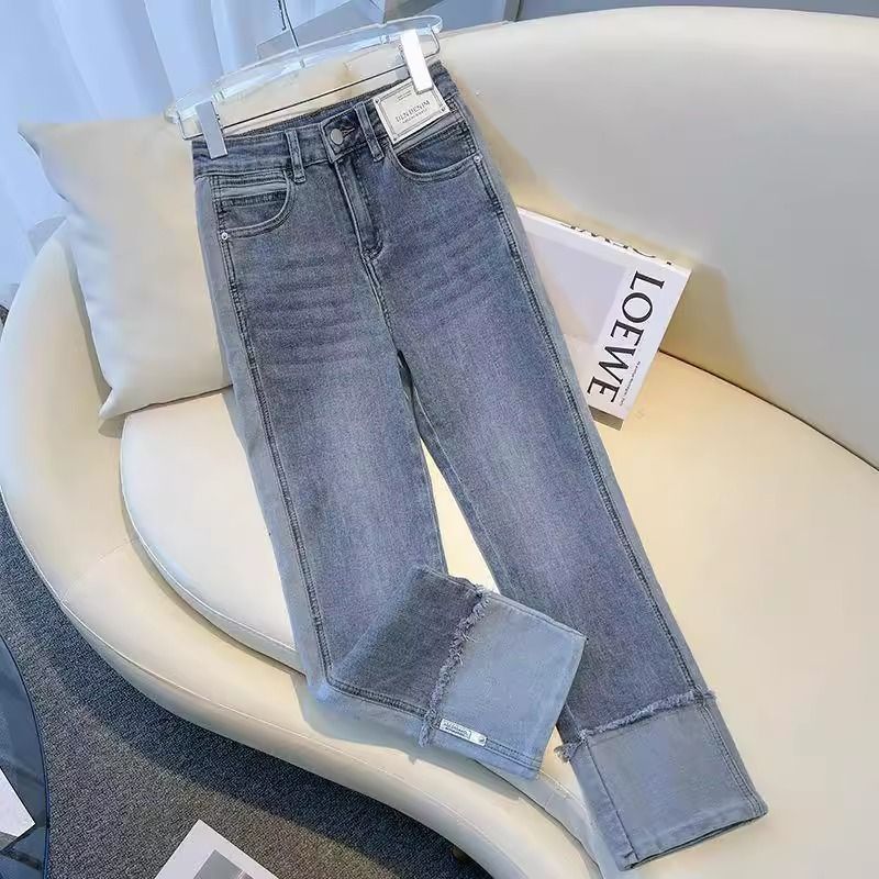 拼接撞色直筒牛仔褲女2023年秋季新款高腰彈力修身顯瘦九分煙管褲