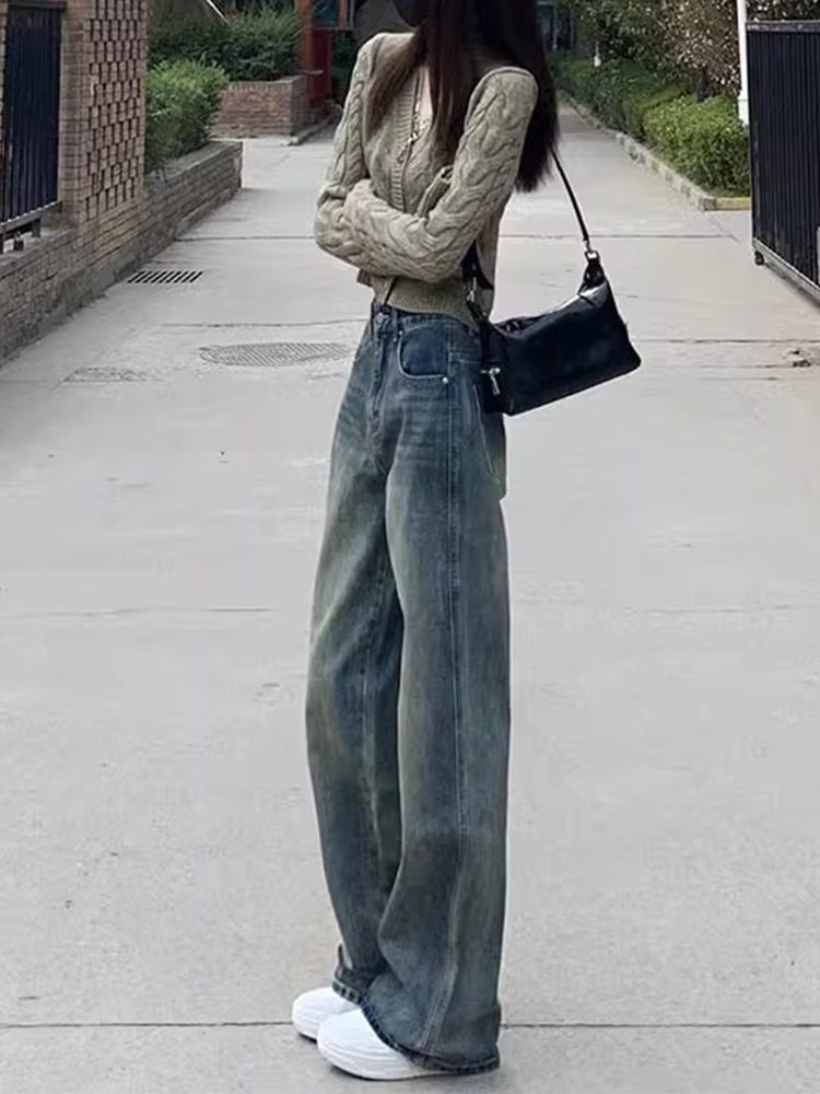 美式做舊闊腿牛仔褲女秋季新款復古高腰寬鬆顯瘦百搭直筒拖地褲子