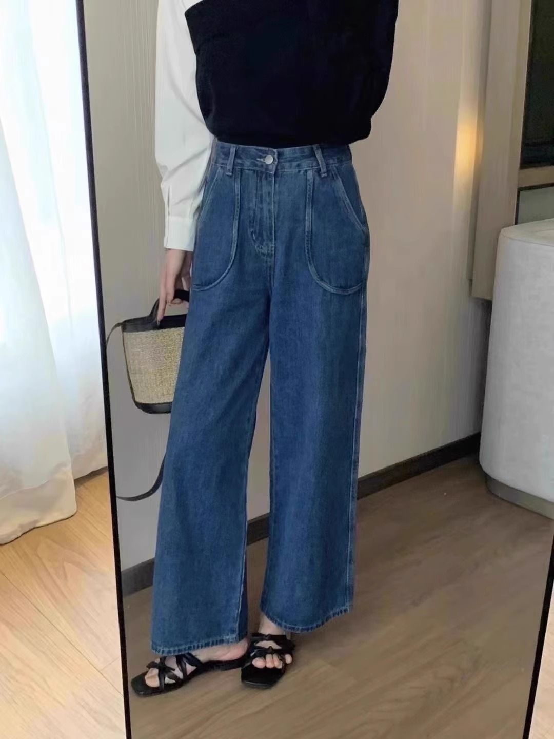 深藍色闊腿牛仔褲女2023秋季新款設計感高腰顯瘦寬鬆直筒拖地長褲