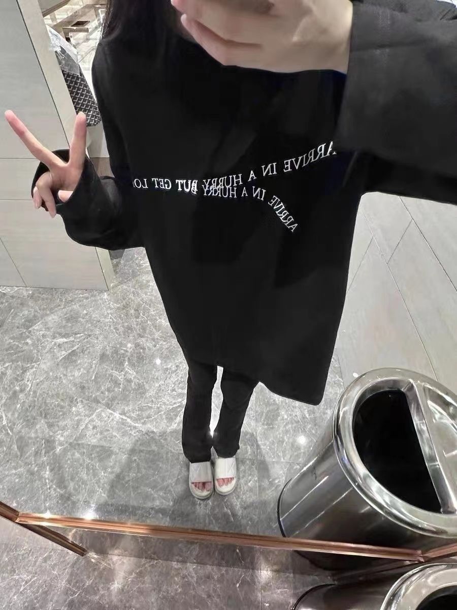 100%純棉秋冬季慵懶ins風寬鬆打底衫長袖T恤女顯瘦外穿黑色上衣