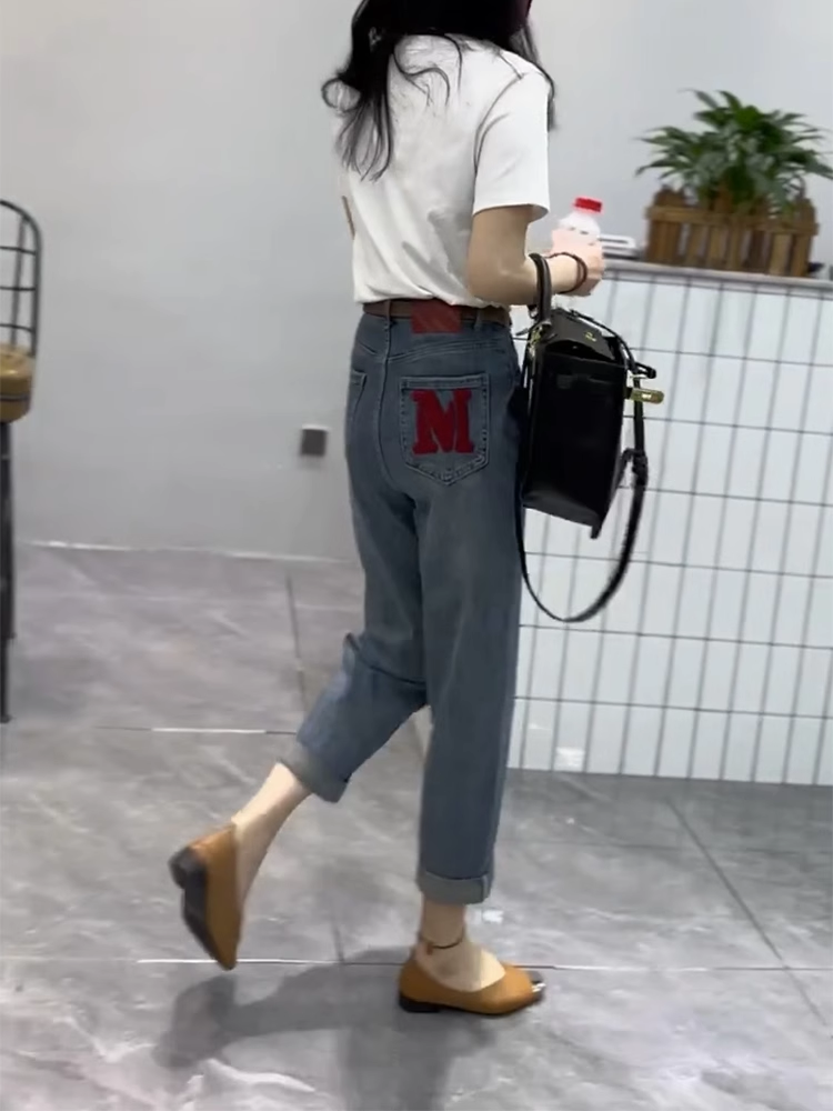 梨形身材大碼直筒牛仔褲女2023年秋季新款高腰寬鬆顯瘦九分哈倫褲