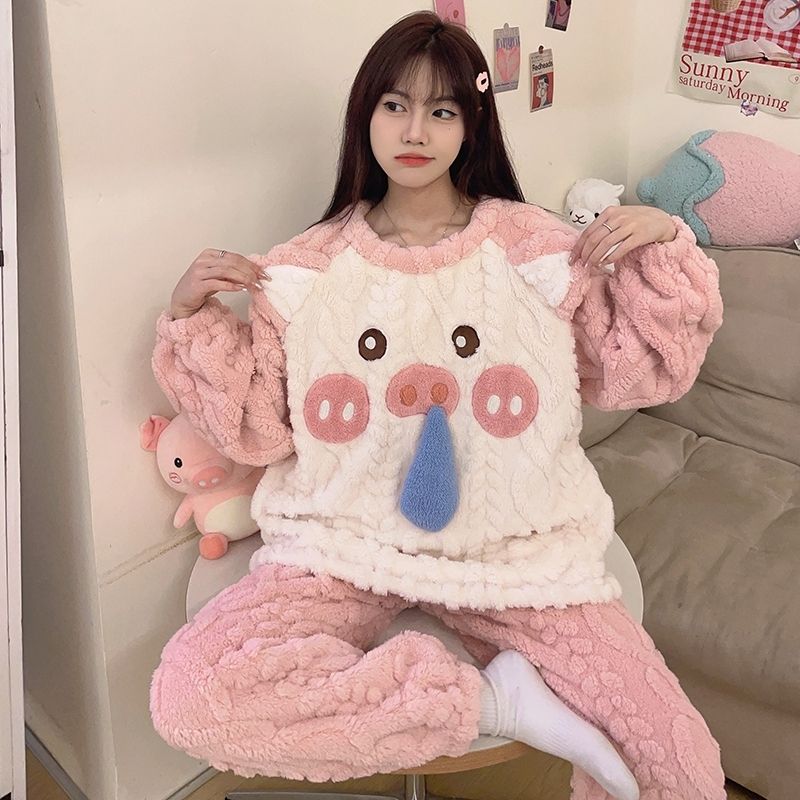 秋冬季珊瑚絨睡衣女2023年豬豬睡衣可愛加絨加厚法蘭絨家居服套裝