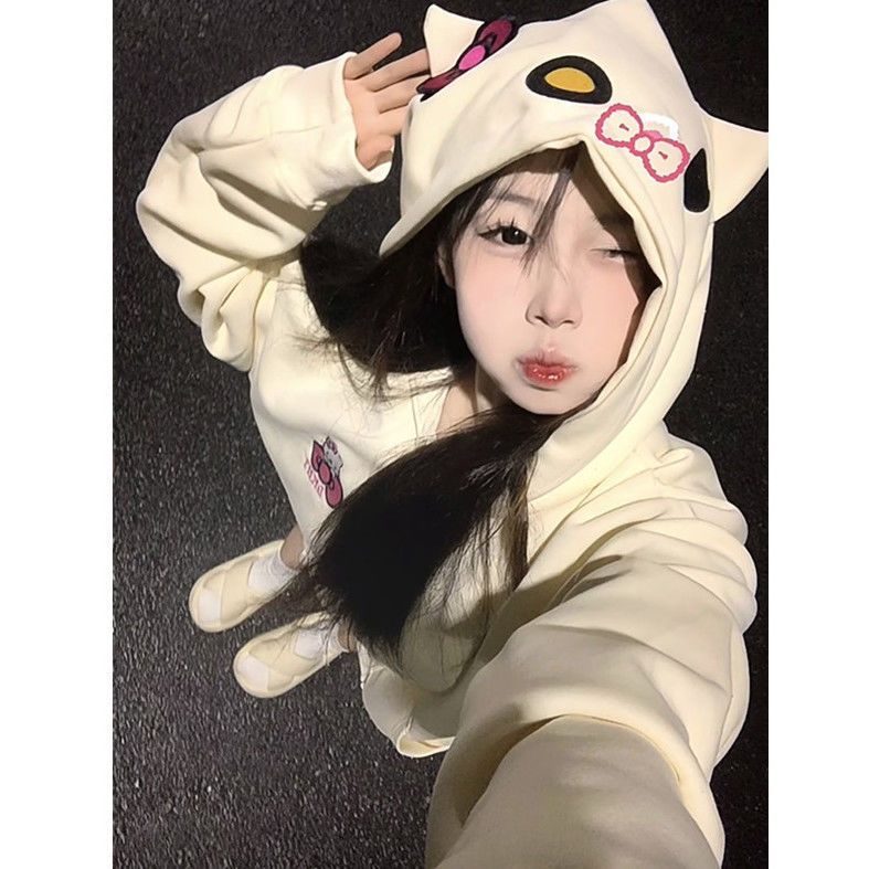 秋冬小眾凱蒂貓歐美高街時尚百搭連帽拉鏈外套衛衣寬鬆休閒上衣女