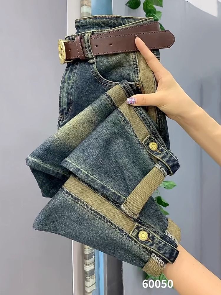 復古哈倫牛仔褲女2023年秋季新款大碼高腰寬鬆顯瘦九分蘿蔔老爹褲