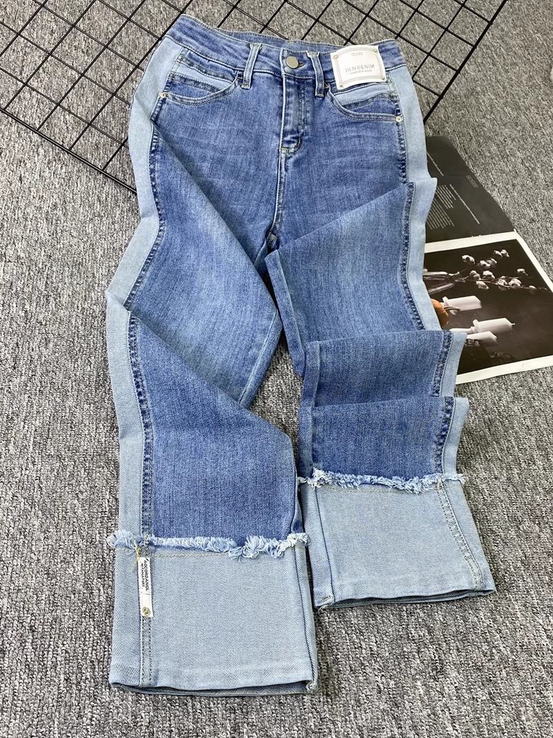拼接撞色直筒牛仔褲女2023年秋季新款大碼窄版高腰顯瘦九分煙管褲