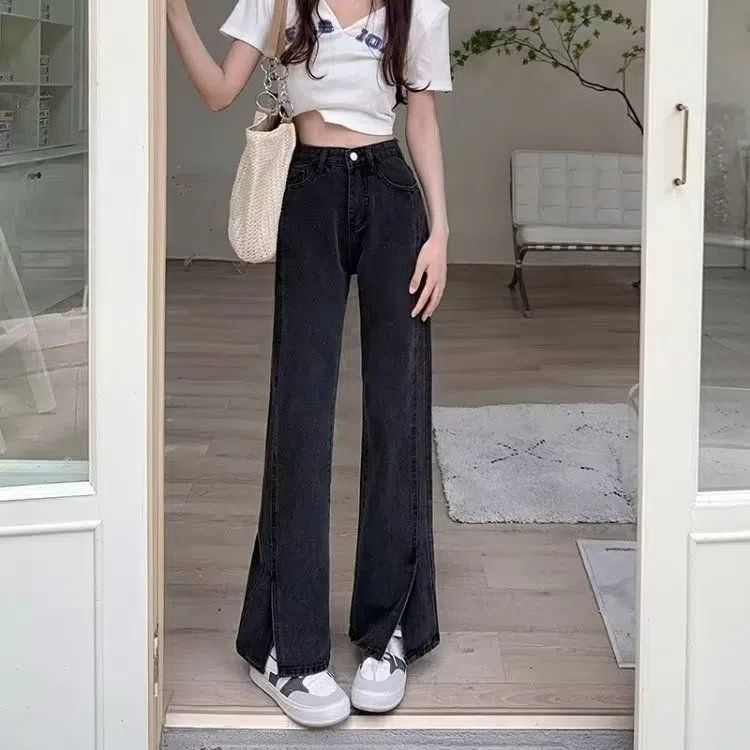 高腰牛仔褲女秋冬季2023年韓版時尚新款直筒開叉小眾闊腿拖地褲女