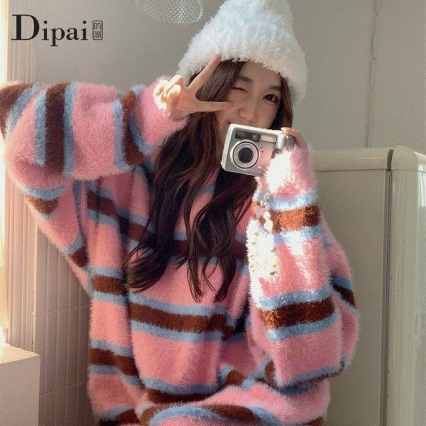Dipai 仿貂毛粉色甜美條紋毛衣女秋季新款慵懶風寬鬆針織衫上衣潮